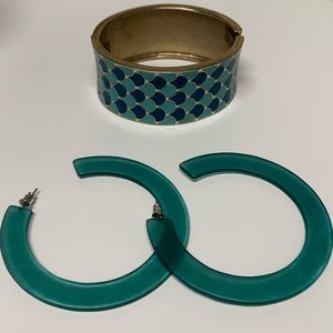 Halloween Mermaid patterned cuff bangle bracelet and acrylic teal hoop earrings